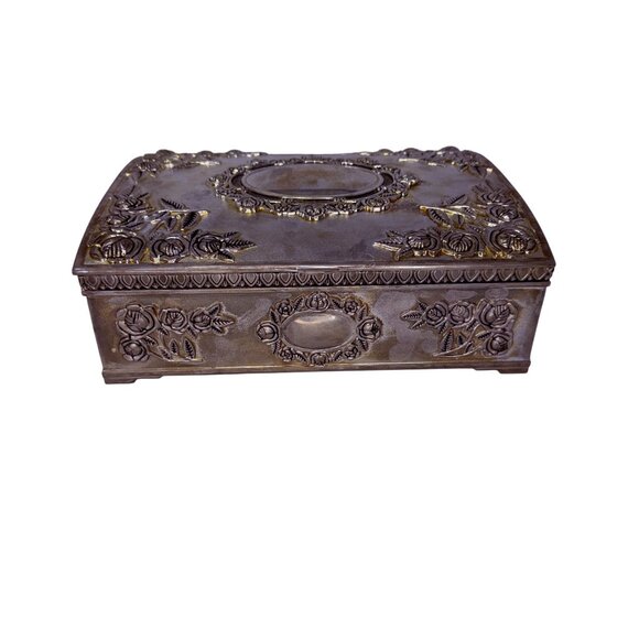 Vintage Godinger Silver Plate Jewelry Box with Roses and Red Velvet Interior - Picture 3 of 11